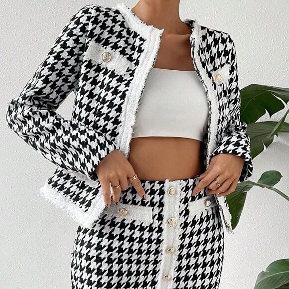 White & Black Preppy Womens Houndstooth Print Contrast Trim Tweed Jacket & Skirt - Picture 2 of 5